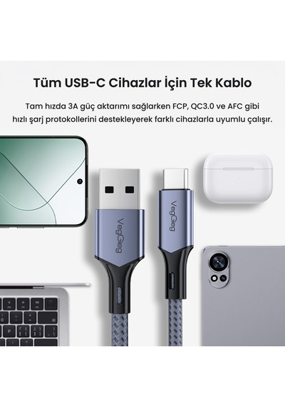 Veggieg Usb-a To Usb-c 60w 3a Type-c Hızlı Şarj Ve Data Kablosu 2 Metre