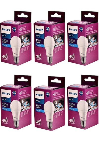 Philips 6 Lı Müthiş Tasarruflu Uzun Ömürlü 100 W Gücünde 8w Tüketim Klasik E27 Duylu Led Ampul Lamba 6 Adet