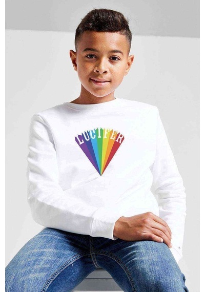 Tshirthane Lucifer Rising Baskılı Unisex Çocuk Beyaz Sweatshirt Beyaz