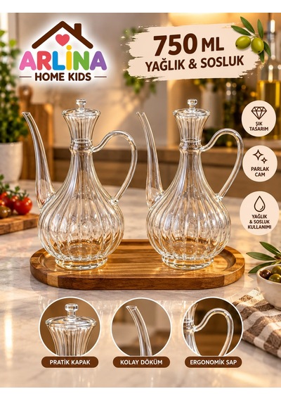 2'li 750 Ml Çizgili İbrik Model Cam Yağlık Seti-akasya Standlı