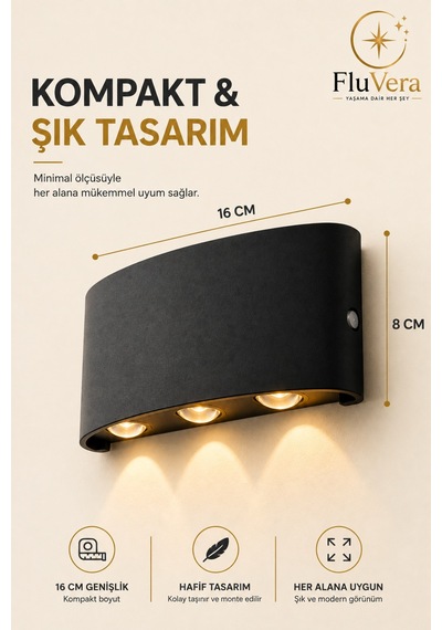 Pilsiz Amber 3 Led Siyah Duvar Apliği Yukarı Aşağı Işık Dekoratif Led Duvar Lambası Modern İç Dış Mekan Siyah