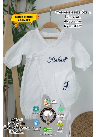 Gros Shop Müslin Yeni Doğan 2katlı Organik %100pamuk Kişiye Özgü Nakışlı Hastane Çıkış Seti Kalpli Model-2 Ekru