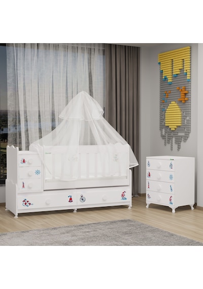 Melina Mdf Çıtalı Beşik Ve Şifonyer+ Yatak + Uyku Seti- Denizci Beyaz