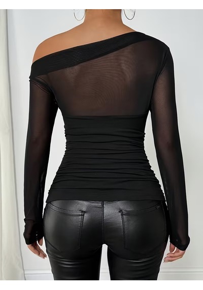Butik İstanbul Kadın Uzun Kollu Tek Omuzdan Açık Tül Detaylı Viskon Bluz Siyah