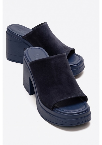 Luvishoes Nola Lacivert Süet Hakiki Deri Kadın Kalın Topuklu Terlik