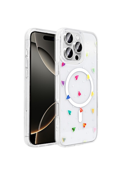 Techaks Apple Uyumlu iPhone 16 Pro Max Kılıf M-safe Şarj Özellikli Şeffaf Zore Folk Sert Kapak - Kalp Beyaz