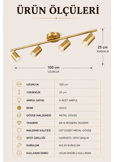 Eskitme Premium Gold Line 4 Lü Spot Avize Sarkıt Led Uyumlu Gold Salon Mutfak Aydınlatma