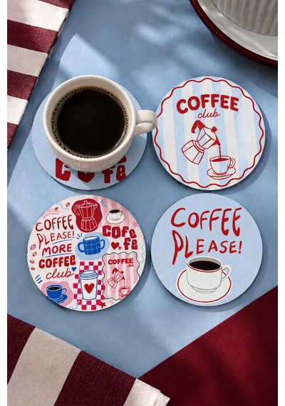 Coffee Please 4 Lü Bardak Altlığı Seti - 9 Cm, 3 Mm Mdf, Uv Baskı Çok Renkli