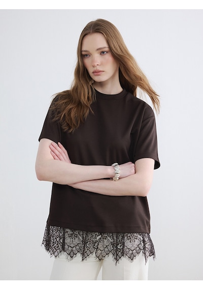 Lcw Modest Kahverengi Dantel Detaylı Soft Touch Kadın Tişört