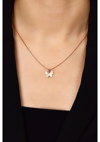 Zirkon Taşlı Rose Kabartmalı Kelebek Gümüş Kolye