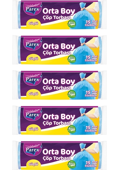 Parex Güçlü Orta Boy Çöp Torbası 55 x 60 CM 5 x 15 Adet