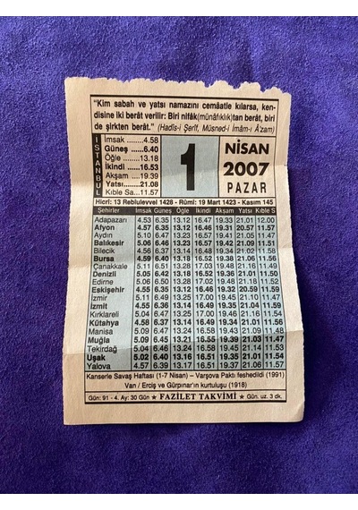 1 Nisan 2007 Takvim Yaprağı - Nostalji Koleksiyonluk Takvim Yaprağı