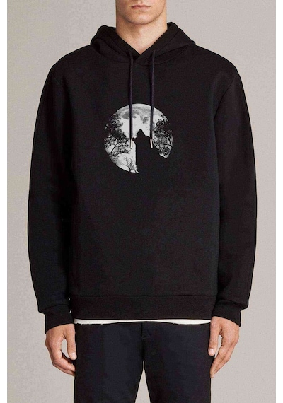 Wolf Moon Baskılı Siyah Erkek Örme Kapşonlu Sweatshirt