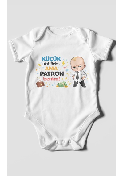 Morivokids Küçük Olabilirim Ama Patron Benim Kısa Kollu Bebek Body Beyaz