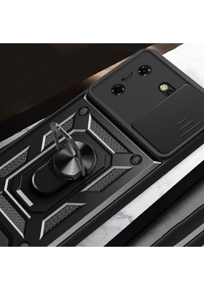 Tecno Pova 5 Kılıf Magnetik Standlı Kamera Korumalı Sürgülü Vega Kapak - Siy Siyah Siyah