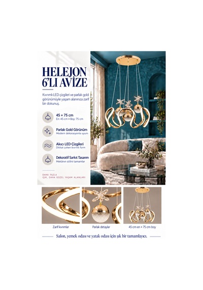 Helejon 6lı Büyük Modern Ledli Avize 3 Renk Power Ledli Gold Kaplama Kumandalı Yatak Odası Salon Mutfak
