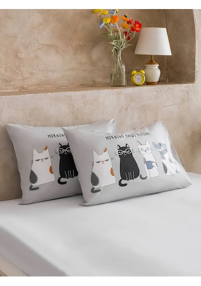 Karışık Kedi Baskılı Pamuklu Yastık Kılıfı 2'li 50x70 Cm Çok Renkli