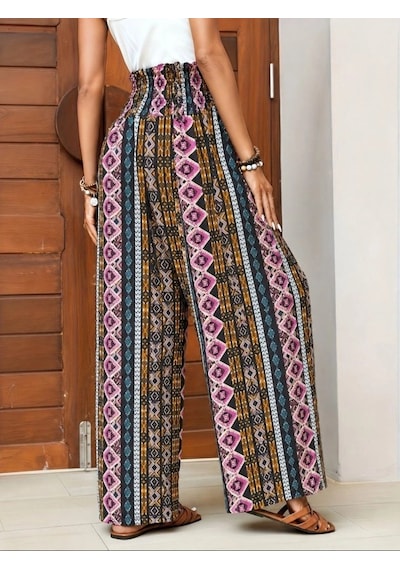 Valensdesign Kadın Yüksek Bel Belden Bağcıklı Desenli Uzun Süprem Pantolon Pembe