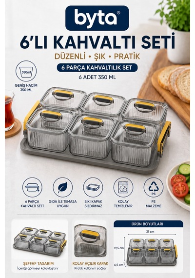 6'lı Kapaklı Kahvaltılık Saklama Kabı Seti - Şeffaf Gıda Saklama, Sunum Ve Düzenleyici Organizer Şeffaf
