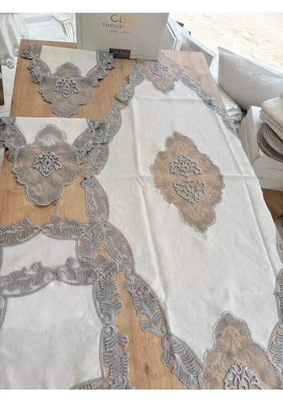 Salon Takımı Çeyizlik Gri Runner Set 5 Parça Keten Masa Örtüsü Runneri Evalina Diğer