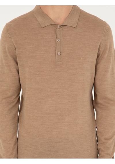 Cacharel Camel Slim Fit Yün Karışımlı Polo Yaka Basic Triko Kazak Kahverengi