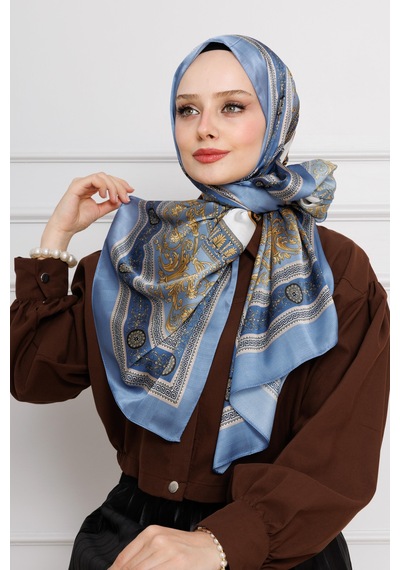 Sevitli Versace Desenli Hint İpeği Şal-bebe Mavi-4534
