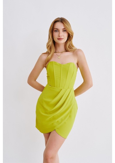Munora Butik Kalp Yaka Eteği Kruvaze Mini Yeşil Elbise Yeşil Yeşil