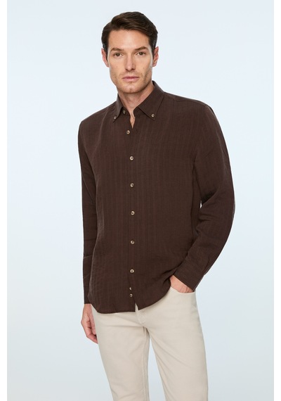 Morven Erkek Kahve Liyosel Trend Çizgili Dinamik Fit Düğmeli Yaka Gömlek 26ms004032400 Kahve