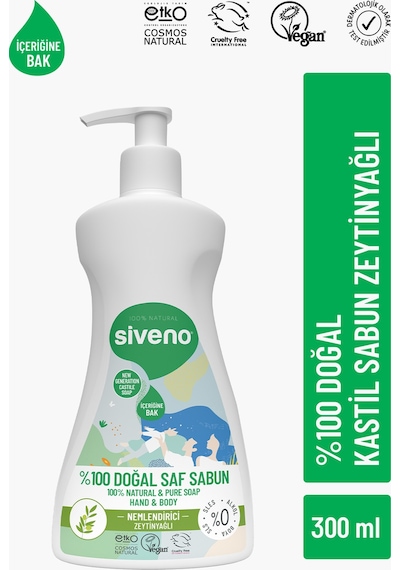 Siveno %100 Doğal Sıvı Kastil Sabun Zeytinyağlı Yoğun Nemlendirici Bitkisel Vegan 300 ML