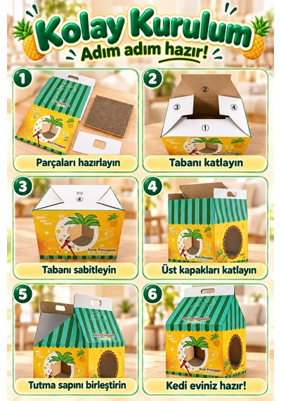 Ananas Desenli Karton Kedi Evi Katlanabilir Süt Kutusu Tasarımı, Tırmalama Pedi Hediyeli Sempatik