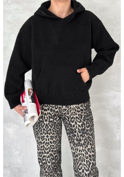 Femelle Kadın Siyah Standart Beden Kapüşonlu Peluş Triko Sweatshirt