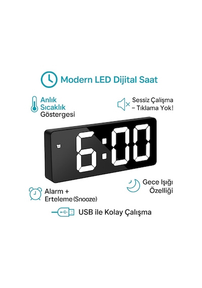 Led Dijital Masa Saati Isı Göstergeli , Alarmlı , Büyük Ekran , Sessiz Siyah