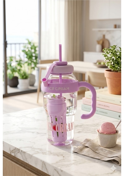 1 Litre Ice Cream Pipetli Kulplu Matara Suluk - Meyve Hazneli Estetik Mor Okul Ve Spor Su Şişesi