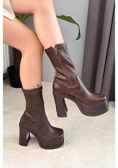 Preshley Kadın Lestina Kahverengi Strec 12 Cm Platform Topuklu Kadın Bot K-2060 Kahve
