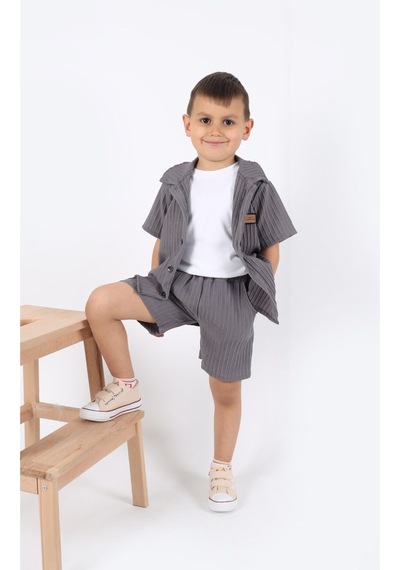 Aden Kids Erkek Çocuk Gömlek+sweatshirt Ve Cepli Şort Alt Üst Takım --ütü İstemez-- Gri