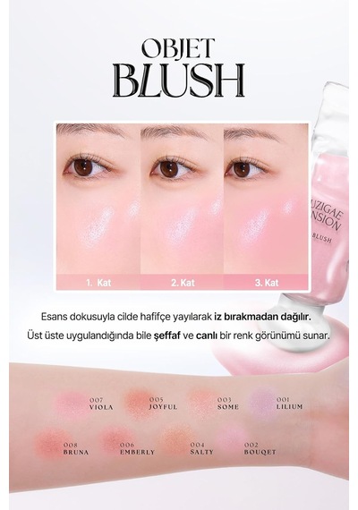 Hafif Yapılı, Ciltle Bütünleşen Parlak Bitişli Likit Allık Objet Blush 001 Lilium