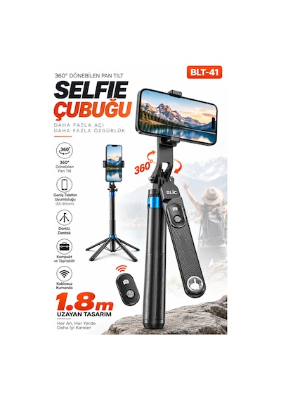 Blic Blt-41 1.8 Metre 360 Dönebilen Pan Tilt Bluetooth Selfie Çubuğu Tripod Kablosuz Kumandalı Al Siyah