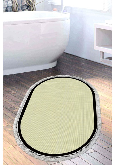 Kaymaz Taban Djt Banyo Mutfak Salon Halı Star Pamuk Saçaklı Oval Dokuma Desen E5007 Açık Sarı Bej