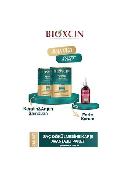 Keratin Argan Şampuanı 300 Ml 2 Adet + Bioxcin Forte Serum 50 Ml 1 Adet