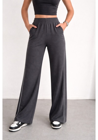 Gugus Kadın Trend Bol Paça Modal Kumaş Eşofman Altı Çift Cepli Wide Leg Yanları Beyaz Şeritli Gri-2