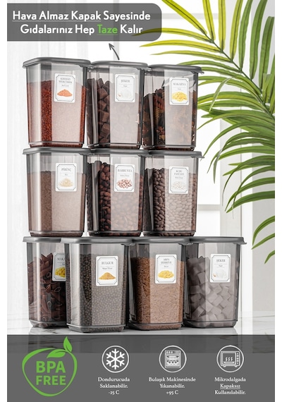 Meleni Home 12'li Set Pino Etiketli Büyük Boy Kare Erzak Saklama Kabı Seti Antrasit 12 X 1.10 Lt