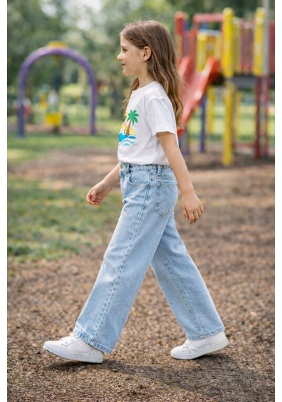 Cedy Denim Cedy Denım Yüksek Kalite Kız Çocuk Yüksek Bel %100 Cotton Palazzo Jean Pantolon Buz Mavisi
