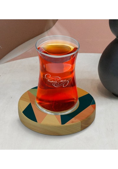 Kişiye Özel Modern Art Tasarımlı Doğal Ahşap Tabaklı Heybeli Çay Bardağı Model 8 Bitmeyen116017 Bk Gift Sarı