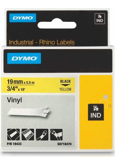 Dymo Rhinopro 18433 Sarı/Siyah Renkli Vinil Şerit 19 MM X 5.5 M