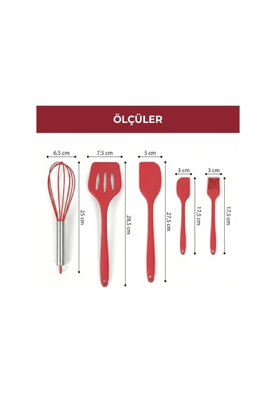 Silikon Spatula Seti 5'li - Çırpıcılı, Yapışmaz Tava Uyumlu, Isıya Dayanıklı Mutfak Seti Kırmızı Diğer