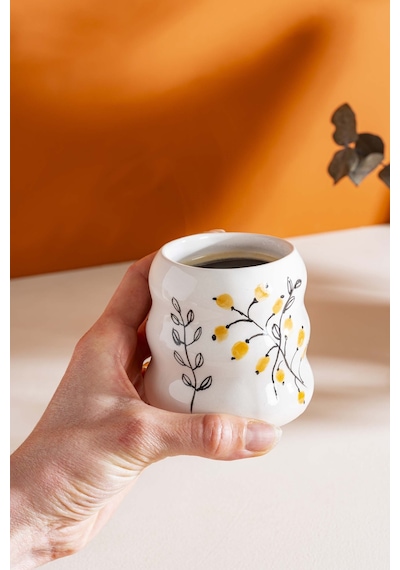 Rivaistanbul Sarı Çiçekler Amore El Yapımı Seramik Double Kahve Bardağı Mug Kupa Krem