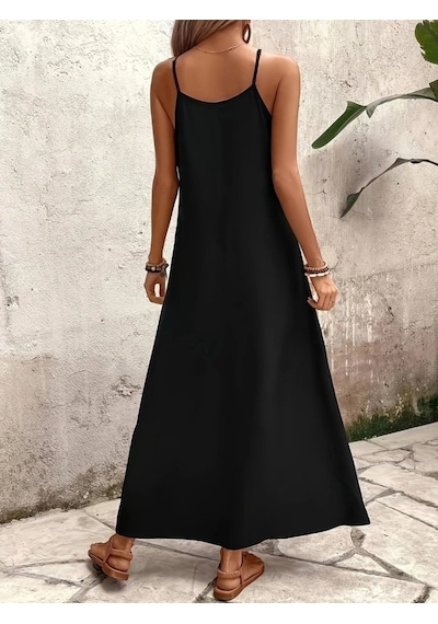 Efnaz Style Kadın Ip Askılı V Yakalı Desenli Süprem Maxi Elbise Siyah