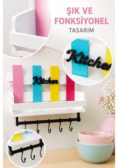 Dekoratif Kitchen Mutfak Rafı Baharatlık Ve 6 Kancalı Duvar Askısı Diğer