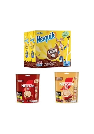 Nesquik Kakaolu Süt 6'lı Paket X 3, Nescafe 3'ü 1 Arada Original Çözünebilir Kahve Karışımı 10'lu Paket X 2, Nescafé 3'ü 1 Arada Sütlü Köpüklü Çözünebilir Kahve Karışımı 10'lu X 1