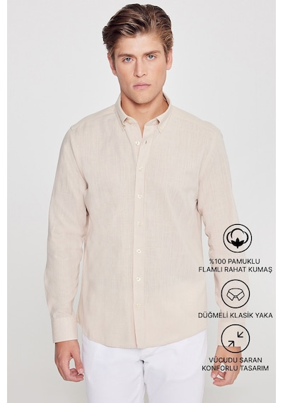 AC&Co / Altınyıldız Classics Erkek Bej Tailored Slim Fit Dar Kesim Düğmeli Yaka Keten Görünümlü %100 Pamuk Flamlı Gömlek Bej